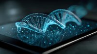 Digital DNA helix model emerging from smartphone screen with blue glowing particles, representing biotechnology and genetic research.