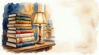 Stack of vintage books with colorful spines next to a brass table lamp and potted plant on wooden surface, watercolor style illustration for library, education, and reading-themed designs.