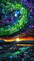 Stained glass mosaic artwork depicting northern lights over rocky beach at night with full moon and vibrant aurora borealis swirling in green and purple sky.