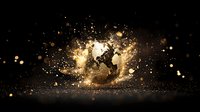 Silhouette of a dancer in explosive golden light burst with glowing particles and bokeh effect against dark background, dramatic dance movement.