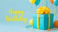 Turquoise gift box with yellow bow, colorful balloons and confetti on blue background with Happy Birthday text for greeting card.