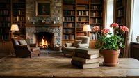 Potted flowering plant with stacked books on wooden table in cozy library room with fireplace and bookshelves for interior design and home decor projects.