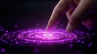 Glowing purple spiral light effect with human finger touch creating magical energy ripples on dark background with bokeh particles and luminous circles.