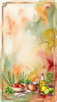 Watercolor cooking scene with fresh vegetables, herbs, and kitchen utensils arranged on a table, featuring soft pastel washes in warm tones. Ideal for culinary designs and recipe content.