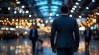 Businessman in dark suit viewed from behind walking through modern corridor with blurred bokeh lights and people. Corporate success concept.