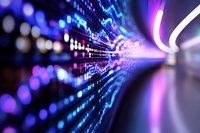 Digital data stream visualization with glowing blue and purple light effects, binary code pattern fading into perspective with bokeh background.