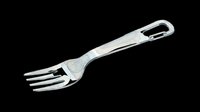 Transparent background silver serving fork with elongated handle and four tines, isolated and ready for design use on t-shirts, clipart, stickers, print-on-demand products, and sublimation projects.