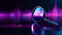 Magnifying glass against purple sound wave background with neon reflection on dark surface, representing audio analysis and search technology.