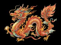 Ornate red and gold dragon with flowing mane, intricate scales, and decorative details isolated on transparent background. Ready for t-shirts, stickers, clipart, sublimation, and print-on-demand designs.