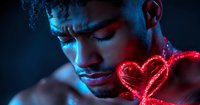 Young African American man in neon lighting with glowing red heart shape, dramatic portrait combining blue and red colors creating emotional atmosphere.
