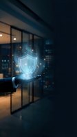Businessman hand holding glowing digital shield with particles and light effects against modern office building at night, representing cybersecurity, data protection, and network security solutions.
