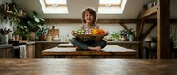 Young African American woman sitting cross-legged on kitchen counter holding colorful salad bowl in modern home interior with natural lighting from skylights.