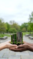 Hands holding miniature eco-friendly house model with green plants growing on walls representing sustainable architecture and environmental conservation.
