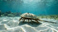 Horseshoe crab walking on sandy ocean floor in shallow tropical waters with coral reef and sunlight filtering through surface for marine biology education.