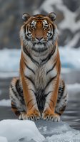 Majestic Bengal tiger sitting upright on snowy ground, displaying distinctive orange and black striped coat against winter landscape with intense gaze and proud posture.