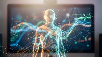 Digital human hologram with glowing particles and data streams on computer monitor screen for futuristic technology and artificial intelligence concepts.