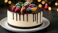 Elegant cream cheese cake decorated with fresh berries and chocolate drip on dark background with festive bokeh lights, served on white plate.