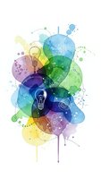 Colorful watercolor abstract composition with lightbulbs, charts and scientific symbols representing innovation, creativity and business growth concepts.