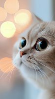 Close-up portrait of white cat face with big blue eyes against blurred bokeh lights background, showing detailed whiskers and soft fur texture in warm tones.