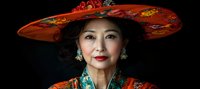 Asian senior woman wearing traditional ornate red hat and turquoise silk robe with embroidered details against dark background, elegant portrait with dramatic lighting.