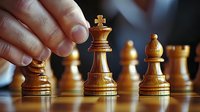 Wooden chess pieces on board with hand moving pawn, showing strategic gameplay in warm lighting with selective focus on king piece. Professional tournament setup.
