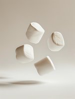 Floating white marshmallows on light beige background with soft shadows create minimalist composition for food photography and advertising designs.