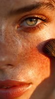 Close-up of face with freckles and green eyes in warm sunlight as makeup brush applies blush to cheek, ideal for beauty and cosmetic advertising.