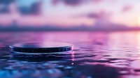 Floating black circular platform on purple water surface with dreamy sunset sky reflection creating magical product display stage for cosmetics branding.