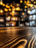 Wooden table surface with natural grain pattern in warm lighting, blurred bokeh lights in background creating cozy restaurant atmosphere. Perfect for menu designs.