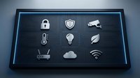 Cybersecurity and network protection icons displayed on digital screen with circuit board pattern, representing data security, surveillance, and wireless connectivity solutions.