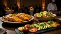 Grilled salmon with fresh salad and vegetables served in elegant restaurant setting with chef and diners in background creating upscale dining atmosphere.
