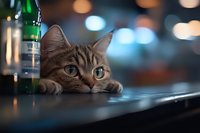 Curious tabby cat with bright blue eyes peeking over bar counter with blurred bottle and bokeh lights in background, creating cozy evening atmosphere.