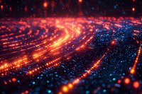 Abstract digital particle wave with glowing orange and blue lights creating dynamic data flow visualization for technology and science concepts.