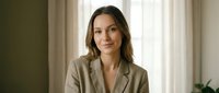 Professional businesswoman in beige blazer smiling confidently in modern office interior with natural lighting for corporate presentations and marketing.