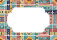 Colorful geometric tribal pattern with white decorative frame on transparent background, ready for design projects, invitations, and custom graphics.