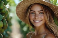 Young Caucasian woman with natural smile wearing straw hat in citrus garden. Blonde female with blue eyes and freckles enjoying summer day among green lime trees.