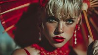 Glamorous blonde woman with bold red lips and pearl earrings posing with traditional red paper umbrella in dramatic lighting for fashion and beauty concepts.