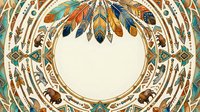 Ornamental circular frame with feathers and geometric patterns in earthy tones, isolated on cream background, ready for design projects and decorative applications.