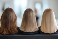 Back view of three women with different shades of blonde hair showing color transition from dark to light, sitting in row at hair salon. Professional hair coloring result.