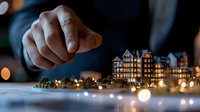 Male hand pointing at illuminated architectural model of residential complex with bokeh lights creating magical atmosphere for real estate presentation.