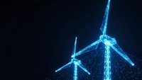 Digital wind turbines with glowing blue wireframe design on dark background for renewable energy and technology presentations.