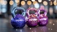 Glittering kettlebells in blue, pink and purple colors with sparkly coating against blurred bokeh background. Fitness equipment with decorative festive appearance.