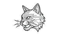 Fierce wildcat head with bared fangs and intense expression, black line art illustration isolated on white background for logos and designs.