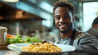 Young African American male chef presenting gourmet mac and cheese dish with fresh salad in upscale restaurant kitchen, displaying genuine warm smile and professional confidence.