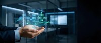 Businessman holding holographic digital network data visualization in modern office environment showcasing futuristic technology and connectivity solutions.