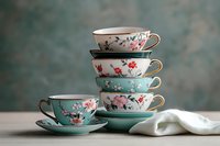 Stack of elegant porcelain tea cups with floral pattern and gold rim on wooden table, teal background, vintage style tableware.