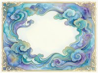 Watercolor frame with swirling clouds in blue, teal, and purple tones, golden border, white center space for text or design elements.