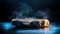 Raw steak on dark background with dramatic lighting and steam rising, blue tones create moody atmosphere for food photography and restaurant menus.