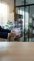 Businessperson holding glowing digital interface with security and technology icons above hands in modern office environment with plants and windows.