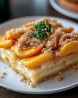Layered dessert bar with caramelized peaches, creamy custard filling, and buttery crumb topping garnished with fresh mint on white plate.